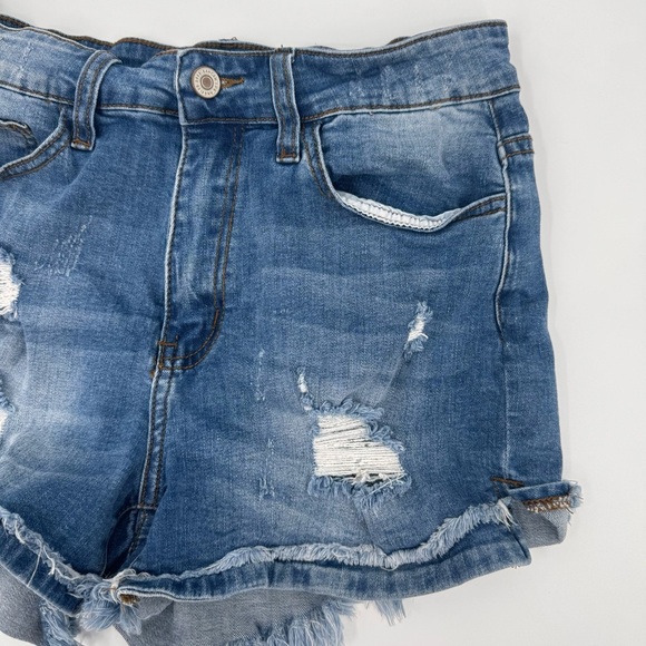 Kancan Jean Shorts Womens 7* Blue Denim Stretch Distressed Mid Rise Cut Off - Picture 3 of 11